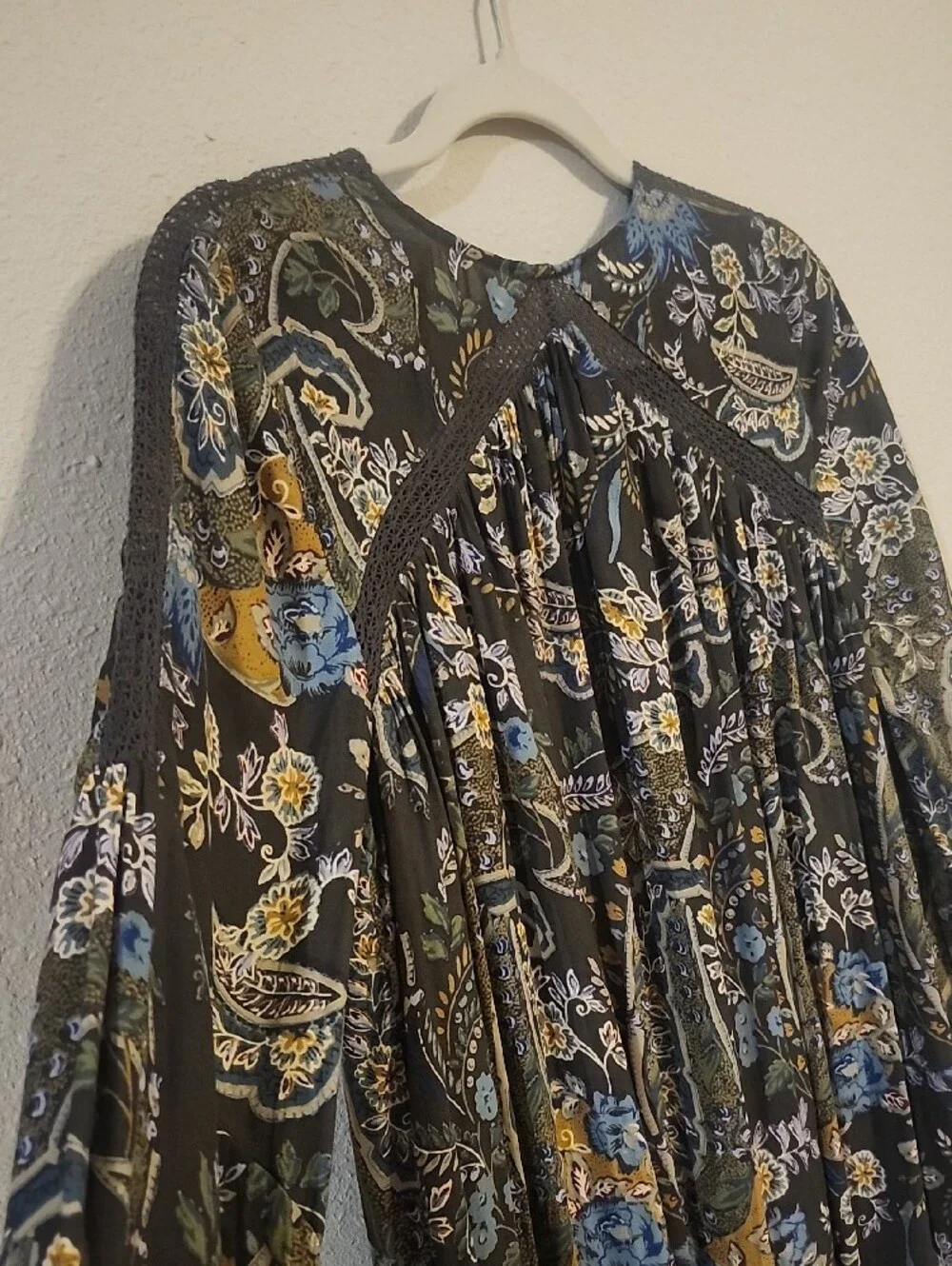 Free People Black Paisley Mini Dress with Blue & Olive Floral Motif